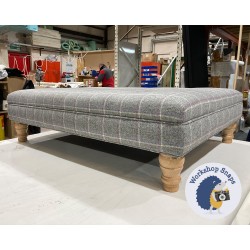 Fernworthy Shallow Buttoned Footstool with Border 102 x 76cm (40 x 30") Wool Check Grey - Single Piped Trim - 5ins Turned Natural Leg 6479