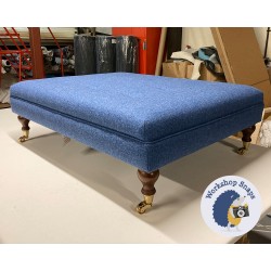 Fernworthy Shallow Buttoned Footstool with Border 102 x 76cm (40 x 30") Wool Plain Blue - 6ins Castor Mahogany Leg 7834
