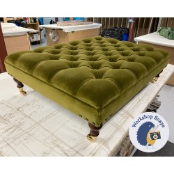 Glenmore Deep Buttoned Footstool with Border 102 x 76cm (40 x 30") COM Verona Velvet Peridot - 16mm Corner Vintage Nail Trim - 6ins Castor Leg Mahogany 9045 Glenmore Deep Buttoned Footstool with Border 102 x 76cm (40 x 30") COM Verona Velvet Peridot - 16mm Corner Vintage Nail Trim - 6ins Castor Leg Mahogany 9045