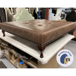 Cannock Shallow Buttoned Footstool 122 x 122cm (48 x 48") Antique Matt Leather Dark Brown - Full Vintage Stud Trim - 6ins Queen Anne Mahogany Leg 7987 Cannock Shallow Buttoned Footstool 122 x 122cm (48 x 48") Antique Matt Leather Dark Brown - Full Vintage Stud Trim - 6ins Queen Anne Mahogany Leg 7987