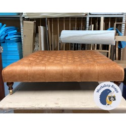 Kinver Deep Buttoned Footstool 122 x 122cm (48 x 48") Antique Matt Leather Bridle - 6ins Castor Mahogany Leg 8020