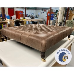 Kinver Deep Buttoned Footstool 122 x 122cm (48 x 48") Antique Matt Leather Dark Brown - 7ins Castor Mahogany Leg 8196