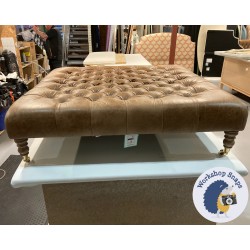 Kinver Deep Buttoned Footstool 122 x 122cm (48 x 48") Antique Matt Leather Honey - 7ins Castor Oak Leg 7742