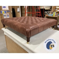 Kinver Deep Buttoned Footstool 122 x 122cm (48 x 48") Antique Matt Leather Mahogany - 7ins Castor Mahogany Leg 6390