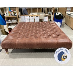 Kinver Deep Buttoned Footstool 122 x 122cm (48 x 48") Antique Matt Leather Mahogany - Full Vintage Studs - 6" Castor Mahogany Leg 5476