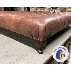 Kinver Deep Buttoned Footstool 122 x 122cm (48 x 48") Antique Matt Leather Mahogany - Corner Studs - 4ins Queen Ann Mahogany Leg 6015