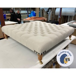 Kinver Deep Buttoned Footstool 122 x 122cm (48 x 48") COM Casamence Mitsou 3916 - Single Piped Trim - 6ins Concave Washed Oak Leg 6794