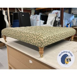 Kinver Deep Buttoned Footstool 122 x 122cm (48 x 48") COM Colefax & Fowler Aqua Squiggle - Single Piped Trim - 7ins Castor Natural Leg 7825