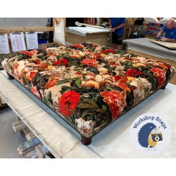 Kinver Deep Buttoned Footstool 122 x 122cm (48 x 48") COM Jane Clayton Floral Pompadour Velvet - Single Piped Trim - 4ins Turned Leg Mahogany 5214