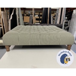 Kinver Deep Buttoned Footstool 122 x 122cm (48 x 48") COM Ticking Stripe Alpha Dark Green - Pad Height Increased to 8ins - 5ins Turned Oak Leg 7365