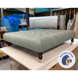 Kinver Deep Buttoned Footstool 122 x 122cm (48 x 48") COM Sanderson Herring Pacific - 7ins Castor Mahogany Leg 8140