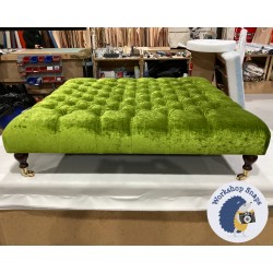 Kinver Deep Buttoned Footstool 122 x 122cm (48 x 48") Crushed Velvet Pistachio - 6ins Castor Mahogany Leg 6603