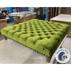 Kinver Deep Buttoned Footstool 122 x 122cm (48 x 48") Crushed Velvet Pistachio - Full Vintage Stud Trim - 5ins Turned Oak Leg 7417