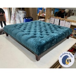 Kinver Deep Buttoned Footstool 122 x 122cm (48 x 48") Crushed Velvet Teal - 5in Tapered Mahogany Leg - Full Vintage Studs 4904