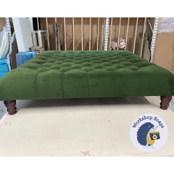 Kinver Deep Buttoned Footstool 122 x 122cm (48 x 48") Flat Velvet Highland Green  - 5ins Turned Mahogany Leg 7013