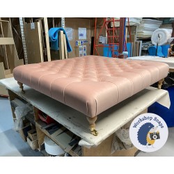 Kinver Deep Buttoned Footstool 122 x 122cm (48 x 48") Flat Velvet Blush - 6ins Castor Natural Leg 8028