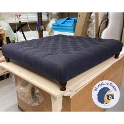 Kinver Deep Buttoned Footstool 122 x 122cm (48 x 48") JBrown Hudson Navy - Single Piped Trim - 4ins Turned Mahogany Leg