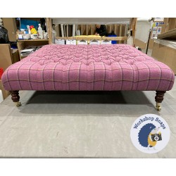 Kinver Deep Buttoned Footstool 122 x 122cm (48 x 48") Wool Check Pink - Self Piped - 7ins Castor Mahogany Leg 5587