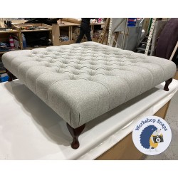 Kinver Deep Buttoned Footstool 122 x 122cm (48 x 48") Wool Plain Light Grey - 6ins Queen Anne Mahogany Leg 6428
