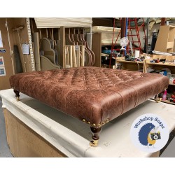 Kinver Deep Buttoned Footstool 122 x 122cm (48 x 48") Antique Matt Leather Mahogany - Gold Corner Studs - 6ins Castor Mahogany Leg 9269