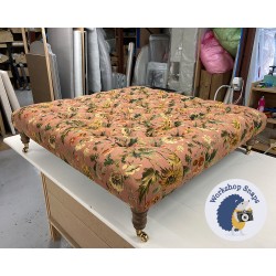 Kinver Deep Buttoned Footstool 122 x 122cm (48 x 48") COM House of Hackney Avalon Cotton Puce Pink - 17.8cm Castor Leg Oak 9276