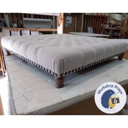 Kinver Deep Buttoned Footstool 122 x 122cm (48 x 48") Basket Weave Light Grey - Turned Leg Oak Full Studs 39051