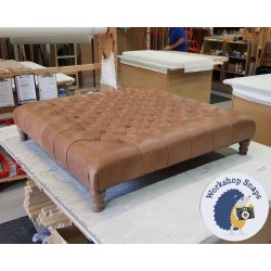 Kinver Deep Buttoned Footstool 122 x 122cm (48 x 48") Antique Matt Leather Honey - 5ins Turned Leg Oak 39131