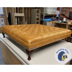 Glenmore Deep Buttoned Footstool with Border 122 x 122cm (48 x 48") Antique Matt Leather Caramel - Chrome Corner Stud Trim - 6ins Queen Anne Mahogany Leg 8775 Glenmore Deep Buttoned Footstool with Border 122 x 122cm (48 x 48") Antique Matt Leather Caramel - Chrome Corner Stud Trim - 6ins Queen Anne Mahogany Leg 8775