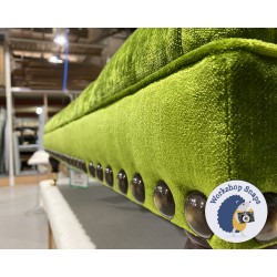 Glenmore Deep Buttoned Footstool with Border 122 x 122cm (48 x 48") Crushed Velvet Pistachio - Full Vintage Stud Trim - 6ins Castor Mahogany Leg Glenmore Deep Buttoned Footstool with Border 122 x 122cm (48 x 48") Crushed Velvet Pistachio - Full Vintage Stud Trim - 6ins Castor Mahogany Leg