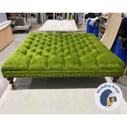 Glenmore Deep Buttoned Footstool with Border 122 x 122cm (48 x 48") Crushed Velvet Pistachio - Full Vintage Stud Trim - 6ins Castor Mahogany Leg Glenmore Deep Buttoned Footstool with Border 122 x 122cm (48 x 48") Crushed Velvet Pistachio - Full Vintage Stud Trim - 6ins Castor Mahogany Leg