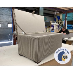 Brechfa Plain Lid Storage Ottoman 102 x 48cm (40 x 19") COM - Lid in Sanderson Cheslyn Charcoal Linen - Base in Sanderson Emiko Ebony - 16mm Individual Vintage Nails to Lid - 2.5cm Square Foot Mahogany 9467