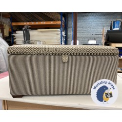 Brechfa Plain Lid Storage Ottoman 102 x 48cm (40 x 19") COM - Lid in Sanderson Cheslyn Charcoal Linen - Base in Sanderson Emiko Ebony - 16mm Individual Vintage Nails to Lid - 2.5cm Square Foot Mahogany 9467