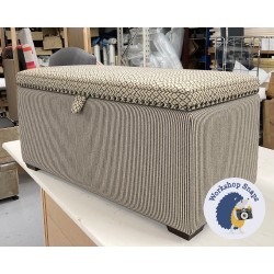 Brechfa Plain Lid Storage Ottoman 102 x 48cm (40 x 19") COM - Lid in Sanderson Cheslyn Charcoal Linen - Base in Sanderson Emiko Ebony - 16mm Individual Vintage Nails to Lid - 2.5cm Square Foot Mahogany 9467