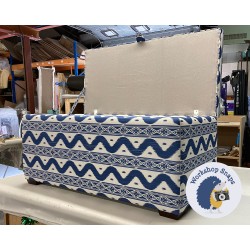 Sherwood Shallow Buttoned & Piped Lid Ottoman 102 x 48cm (40 x 19") COM Mrs Alice Cobalt Blue Ikat Stripe - 2.5cm Square Foot Mahogany 9429
