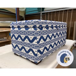 Sherwood Shallow Buttoned & Piped Lid Ottoman 102 x 48cm (40 x 19") COM Mrs Alice Cobalt Blue Ikat Stripe - 2.5cm Square Foot Mahogany 9429