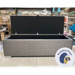 Sherwood Shallow Buttoned & Piped Lid Ottoman 152 x 53cm (60 x 21") COM Prestigious Textiles Opal Granite - Metal Corner Foot 5007