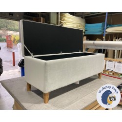 Sherwood Shallow Buttoned & Piped Lid Ottoman 152 x 53cm (60 x 21") Flat Velvet Mushroom - Concave Oiled Oak Feet 224721