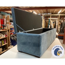 Sherwood Shallow Buttoned & Piped Lid Ottoman 152 x 53cm (60 x 21") Marbled Velvet Blue Haze - 1ins Mahogany Square Foot 233057