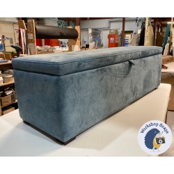 Sherwood Shallow Buttoned & Piped Lid Ottoman 152 x 53cm (60 x 21") Marbled Velvet Blue Haze - 1ins Mahogany Square Foot 233057