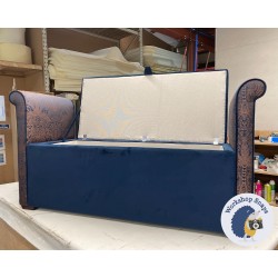 Lamorran Plain Lid Scroll Arm Storage Ottoman 144 x 56cm (56.5 x 22") Customers Own Material - Wings in Clarke & Clarke Leopardo Midnight Copper - Ottoman & Piping in Plush Velvet Navy Blue - 1.5cm Square Foot Mahogany 9487 Lamorran Plain Lid Scroll Arm Storage Ottoman 144 x 56cm (56.5 x 22") Customers Own Material - Wings in Clarke & Clarke Leopardo Midnight Copper - Ottoman & Piping in Plush Velvet Navy Blue - 1.5cm Square Foot Mahogany 9487