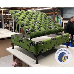 BESPOKE SIZE Savernake Deep Buttoned Lid Medium Depth Storage Footstool 91cm x 106cm (36ins x 42ins) COM Farlowe Dancing Zebra Green - 15.2cm Queen Anne Mahogany Leg 9273