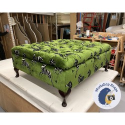 BESPOKE SIZE Savernake Deep Buttoned Lid Medium Depth Storage Footstool 91cm x 106cm (36ins x 42ins) COM Farlowe Dancing Zebra Green - 15.2cm Queen Anne Mahogany Leg 9273