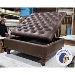 Savernake Deep Buttoned Lid Medium Depth Storage Footstool 91 x 91cm (36 x 36") Antique Matt Leather Dark Brown - Corner Vintage Studs - 5 Turned Legs Mahogany 4360