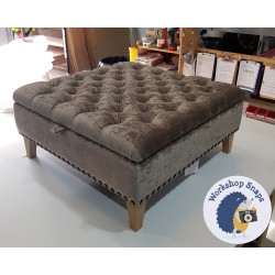 Savernake Deep Buttoned Lid Medium Depth Storage Footstool 91 x 91cm (36 x 36") Crushed Velvet Sable - Full Vintage Stud Trim - 6ins Concave Leg Oiled Oak 3979