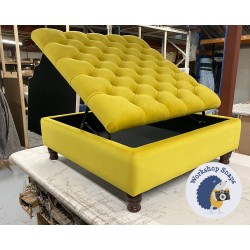 Savernake Deep Buttoned Lid Medium Depth Storage Footstool 91 x 91cm (36 x 36") Flat Velvet Buttercup - 4ins Turned Mahogany Leg