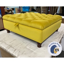 Savernake Deep Buttoned Lid Medium Depth Storage Footstool 91 x 91cm (36 x 36") Flat Velvet Buttercup - 4ins Turned Mahogany Leg