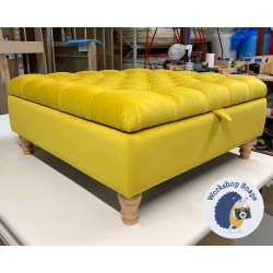 Savernake Deep Buttoned Lid Medium Depth Storage Footstool 91 x 91cm (36 x 36") Flat Velvet Buttercup - 5ins Turned Natural Leg