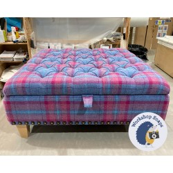 Savernake Deep Buttoned Lid Medium Depth Storage Footstool 91 x 91cm (36 x 36") Highland Check Aqua Aubergine - Full Vintage Studs - 5" Tapered Natural Leg 5348