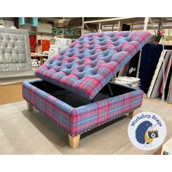 Savernake Deep Buttoned Lid Medium Depth Storage Footstool 91 x 91cm (36 x 36") Highland Check Aqua Aubergine - Full Vintage Studs - 5" Tapered Natural Leg 5348