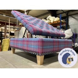 Savernake Deep Buttoned Lid Medium Depth Storage Footstool 91 x 91cm (36 x 36") Highland Check Aqua Aubergine - Full Vintage Studs - 5ins Tapered Natural Leg 5876